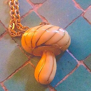Gold tone mushroom w/yellow enamel necklace so cute!